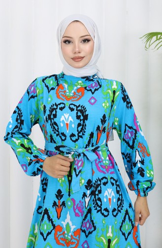 Robe Viscose Colorée Avec Jupe Froncée 0427-02 Turquoise 0427-02