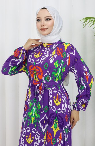 Eteği Büzgülü Renkli Viskon Elbise 0427-03 Mor