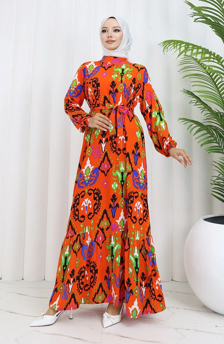 Robe Viscose Colorée Avec Jupe Froncée 0427-04 Orange 0427-04