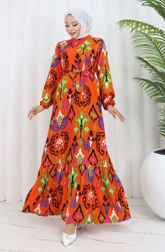 Robe Viscose Colorée Avec Jupe Froncée 0427-04 Orange 0427-04