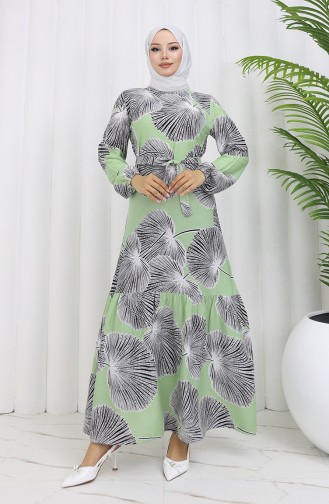 Gemustertes Kleid Mit Gürtel 0445-03 Grün 0445-03