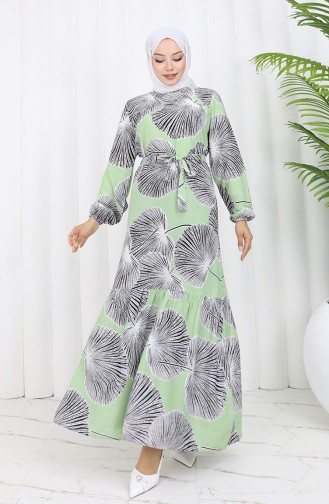 Gemustertes Kleid Mit Gürtel 0445-03 Grün 0445-03