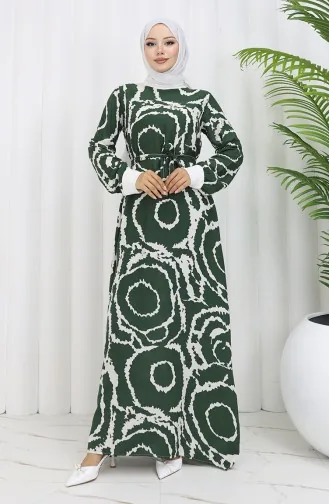 Geribbelde Gedetailleerde Viscosejurk Met Riem 0447-03 Kaki Wit 0447-03