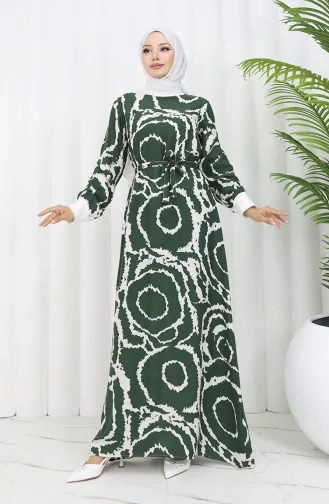 Geribbelde Gedetailleerde Viscosejurk Met Riem 0447-03 Kaki Wit 0447-03