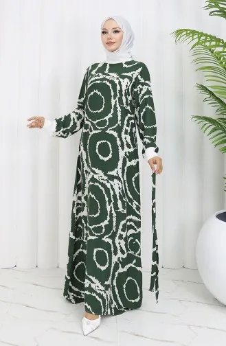 Geribbelde Gedetailleerde Viscosejurk Met Riem 0447-03 Kaki Wit 0447-03