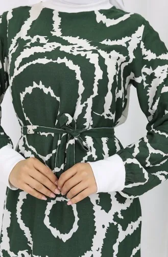 Geribbelde Gedetailleerde Viscosejurk Met Riem 0447-03 Kaki Wit 0447-03