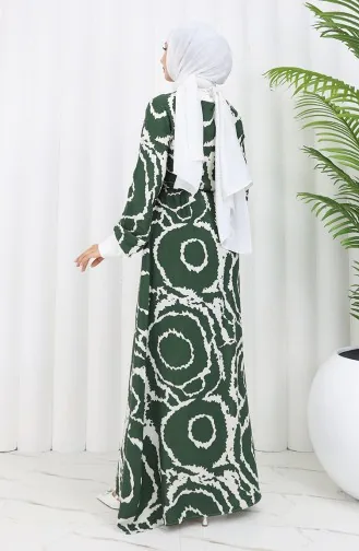 Geribbelde Gedetailleerde Viscosejurk Met Riem 0447-03 Kaki Wit 0447-03