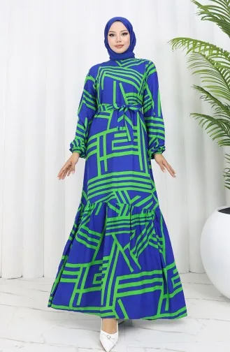 Robe A Motifs Et Ceinture 0459-01 Bleu Foncé Vert 0459-01