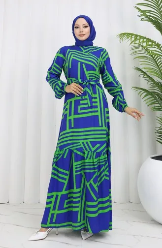 Robe A Motifs Et Ceinture 0459-01 Bleu Foncé Vert 0459-01