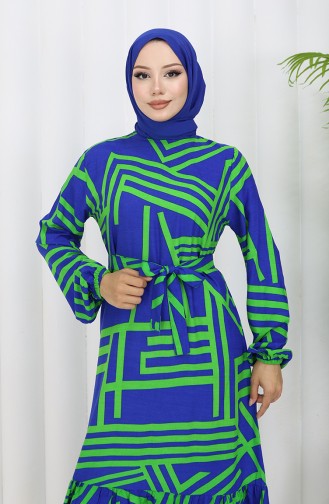 Desenli Kuşaklı Elbise 0459-01 Koyu Mavi Yeşil