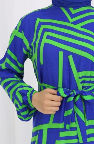 Robe A Motifs Et Ceinture 0459-01 Bleu Foncé Vert 0459-01
