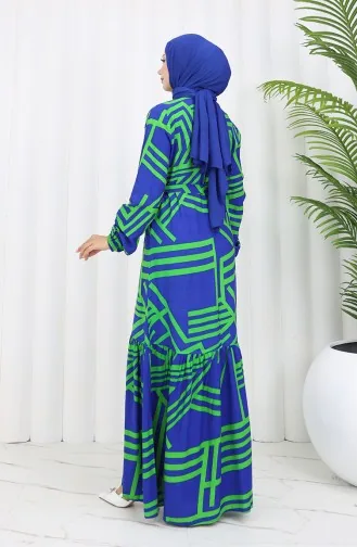 Robe A Motifs Et Ceinture 0459-01 Bleu Foncé Vert 0459-01