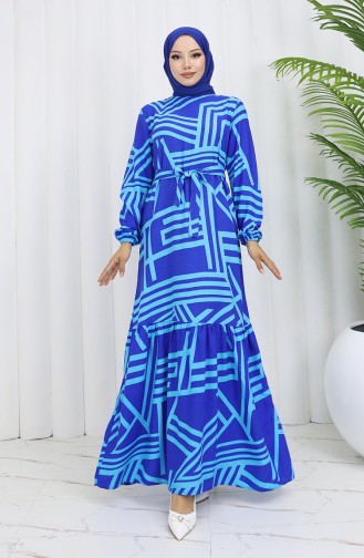 Robe à Motifs Et Ceinture 0459-02 Bleu Saks 0459-02