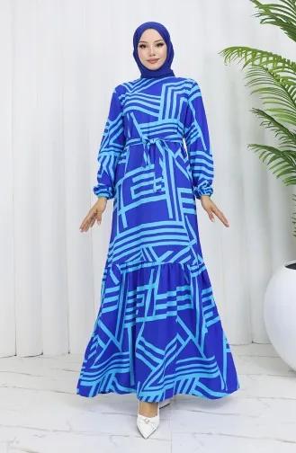 Jurk Met Riem En Patroon 0459-02 Saks Blue 0459-02