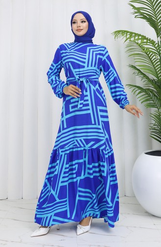 Robe à Motifs Et Ceinture 0459-02 Bleu Saks 0459-02