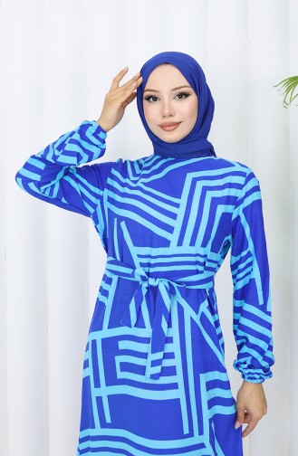 Robe à Motifs Et Ceinture 0459-02 Bleu Saks 0459-02