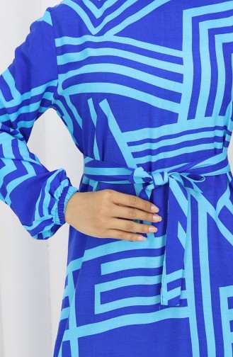 Robe à Motifs Et Ceinture 0459-02 Bleu Saks 0459-02