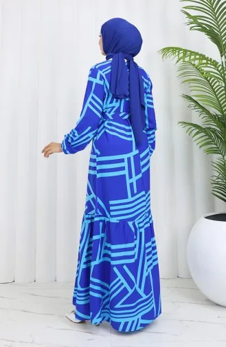 Jurk Met Riem En Patroon 0459-02 Saks Blue 0459-02