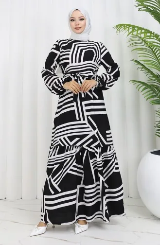 Desenli Kuşaklı Elbise 0459-03 Siyah Beyaz