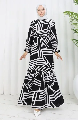 Desenli Kuşaklı Elbise 0459-03 Siyah Beyaz