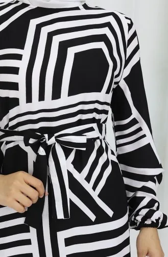 Desenli Kuşaklı Elbise 0459-03 Siyah Beyaz