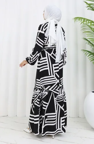 Desenli Kuşaklı Elbise 0459-03 Siyah Beyaz