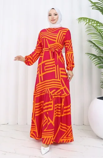 Desenli Kuşaklı Elbise 0459-04 Fuşya Turuncu