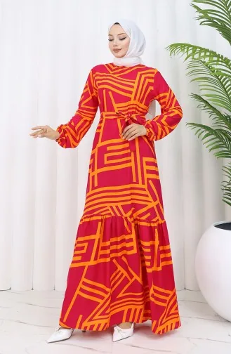 Desenli Kuşaklı Elbise 0459-04 Fuşya Turuncu
