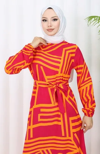 Desenli Kuşaklı Elbise 0459-04 Fuşya Turuncu