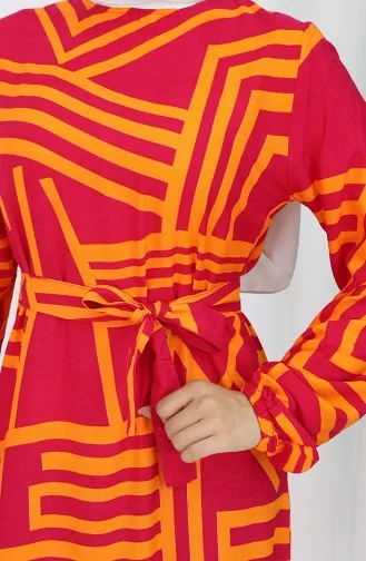 Desenli Kuşaklı Elbise 0459-04 Fuşya Turuncu