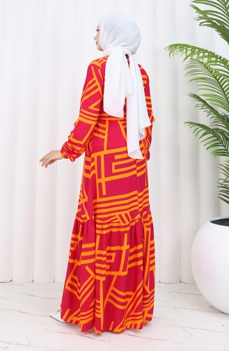 Gemustertes Kleid Mit Gürtel 0459-04 Fuchsia Orange 0459-04