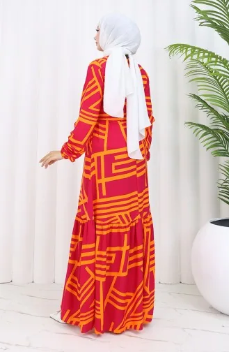 Desenli Kuşaklı Elbise 0459-04 Fuşya Turuncu
