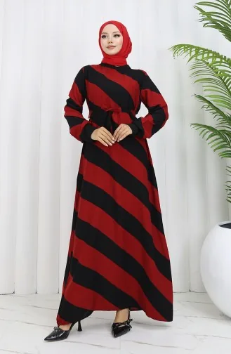 Geometrisch Gemustertes Viskosekleid Mit Gürtel 0460-08 Weinrot Schwarz 0460-08