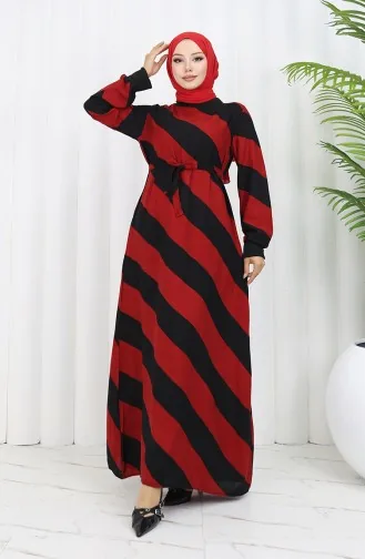 Geometrisch Gemustertes Viskosekleid Mit Gürtel 0460-08 Weinrot Schwarz 0460-08