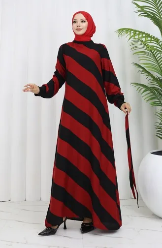 Geometrisch Gemustertes Viskosekleid Mit Gürtel 0460-08 Weinrot Schwarz 0460-08