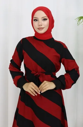 Geometrisch Gemustertes Viskosekleid Mit Gürtel 0460-08 Weinrot Schwarz 0460-08