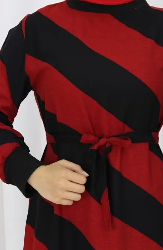 Geometrisch Gemustertes Viskosekleid Mit Gürtel 0460-08 Weinrot Schwarz 0460-08