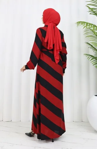 Geometrisch Gemustertes Viskosekleid Mit Gürtel 0460-08 Weinrot Schwarz 0460-08
