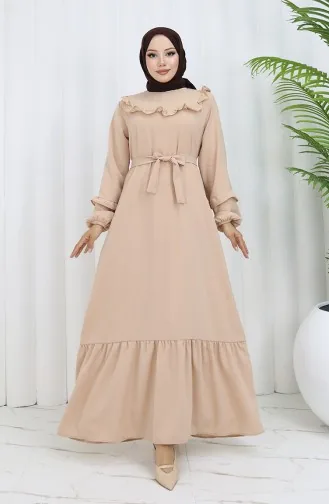 Aerobin Stoff Rüschendetail Kleid 0023-09 Beige 0023-09