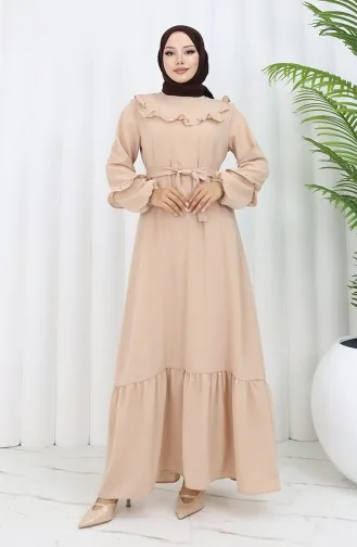 Aerobin Stoff Rüschendetail Kleid 0023-09 Beige 0023-09