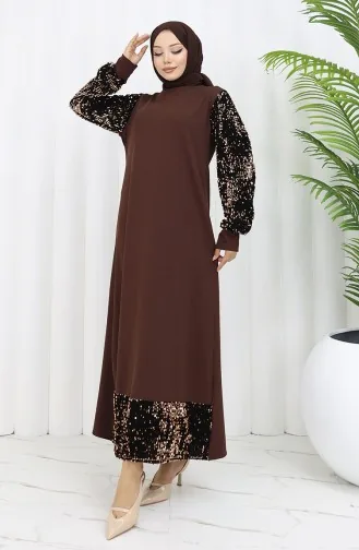 Payetli Abiye Elbise 0305-03 Kahverengi