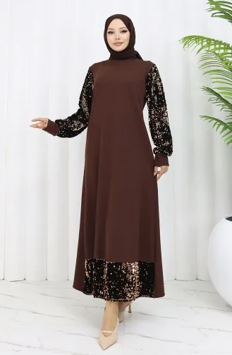 Payetli Abiye Elbise 0305-03 Kahverengi