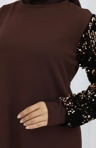 Payetli Abiye Elbise 0305-03 Kahverengi