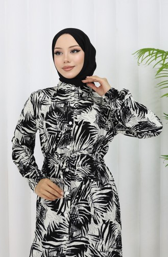 Rana Palmiye Desen Viskon Elbise 0342-02 Siyah Bej
