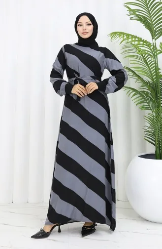فستان منقوش بحزام 0460-06 أسود رمادي 0460-06