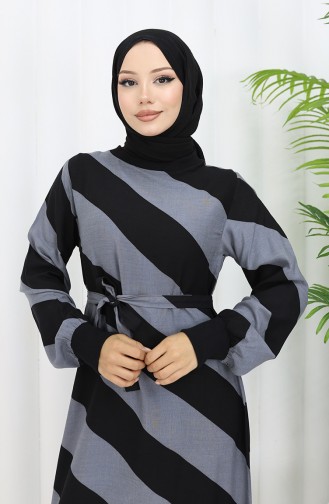 Geometrik Desenli Kuşaklı Viskon Elbise 0460-06 Gri Siyah