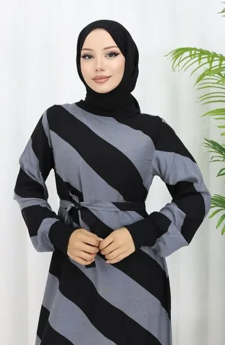 فستان منقوش بحزام 0460-06 أسود رمادي 0460-06