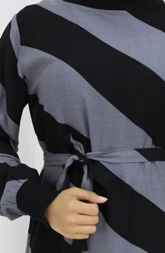 فستان منقوش بحزام 0460-06 أسود رمادي 0460-06