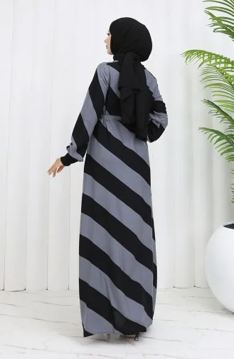 فستان منقوش بحزام 0460-06 أسود رمادي 0460-06