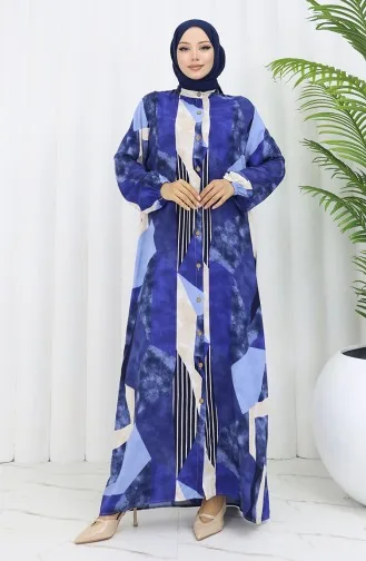 فستان بأزرار من قماش الفيسكوز 0051-01 أزرق داكن وبيج 0051-01